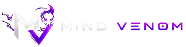 Logo of 'MIND VENOM' with a stylized letter 'V' and purple color scheme on a white background.